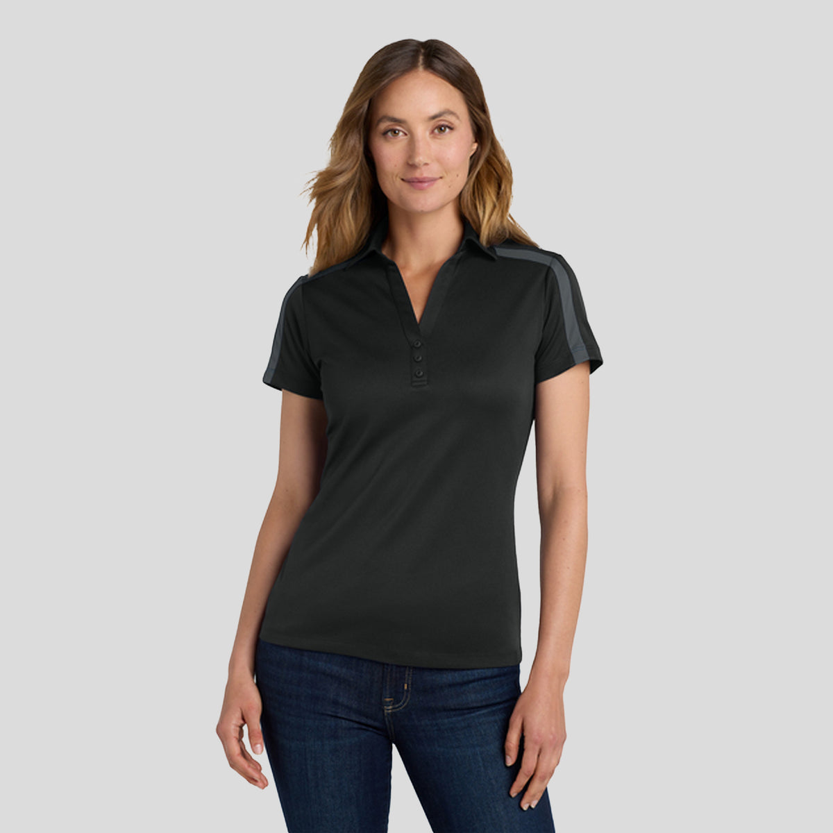 Women's Silk Touch™ Performance Colorblock Stripe Polo | Black/Steel Grey