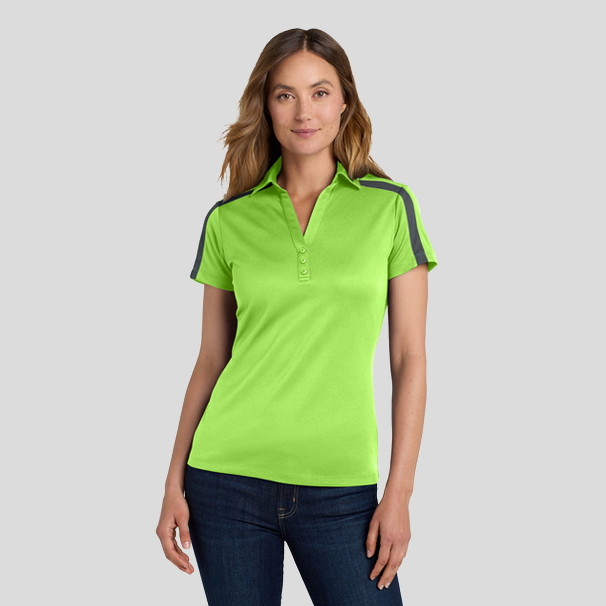 Women's Silk Touch™ Performance Colorblock Stripe Polo | Lime/Steel Grey