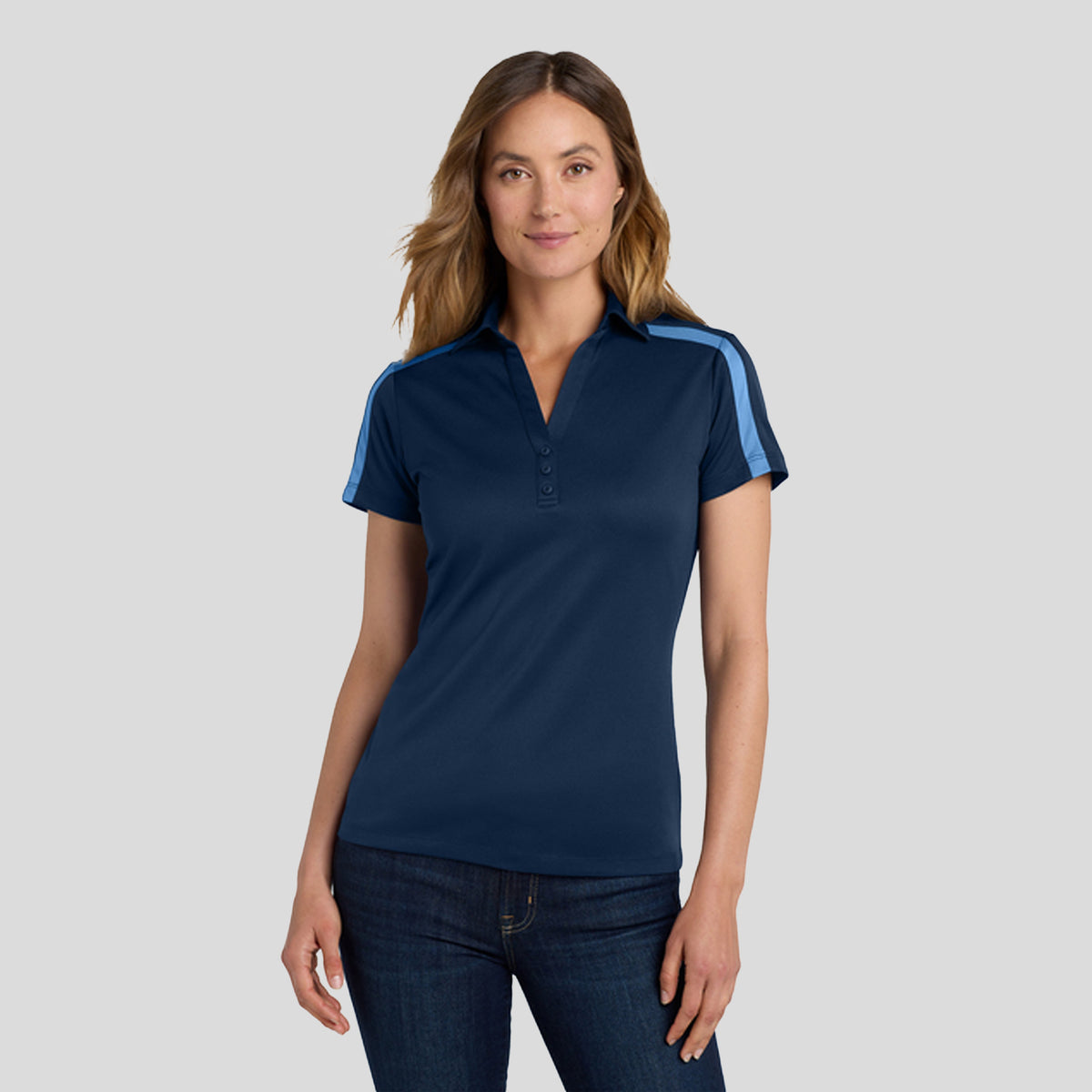 Women's Silk Touch™ Performance Colorblock Stripe Polo | Navy/Carolina Blue